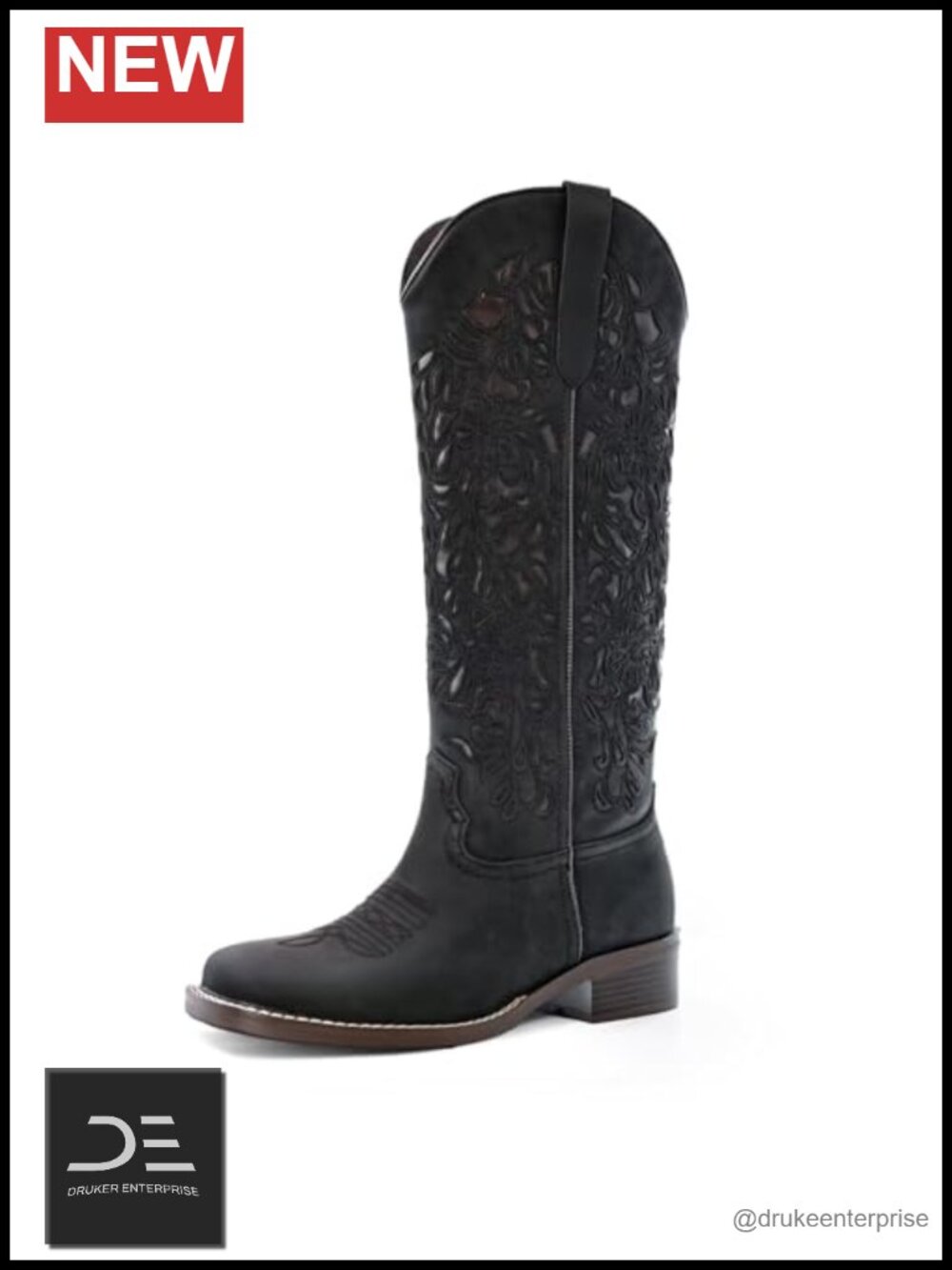 Women's Cowboy Boots Cut Out Floral Embroidered Cowgirl Boots Low Block Heel